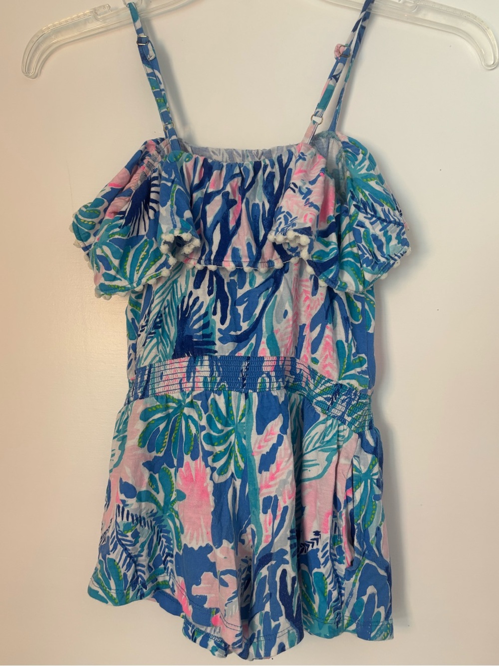 Lilly Pulitzer Blue, Pink & Green Tropical Girls Romper size 6-7